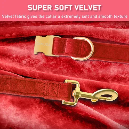 Miniatura 4 de GAMUDA Collar y correa de terciopelo para perro, súper suave y liso, hebilla dorada resistente, cómodo y fácil de limpiar, collar ajustable para Rojo