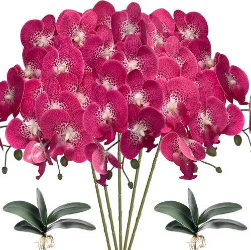 Miniatura 11 de HinyoCo 5 piezas de orquídeas artificiales y 2 paquetes de hojas, flores artificiales de Phalaenopsis de 32 pulgadas para decoración del hogar
