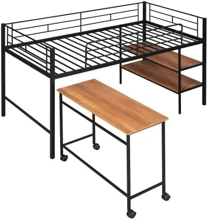 Miniatura 4 de anwickjeff Moderna cama baja tipo loft tamaño individual con escritorio y 2 estantes de almacenamiento para niños y adultos, marco de cama de metal