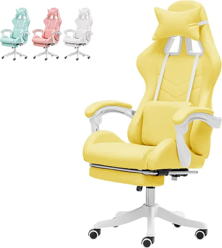 Miniatura 9 de Linda silla de juegos con reposapiés, sillas de videojuegos de respaldo alto, silla Kawaii de piel sintética con soporte lumbar y reposacabezas