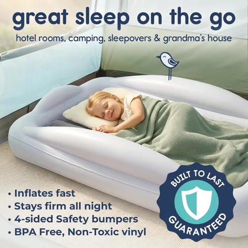 Miniatura 2 de hiccapop Cama de viaje inflable para niños pequeños con parachoques de seguridad [4 caras] Cama portátil para niños Colchón de aire para niños