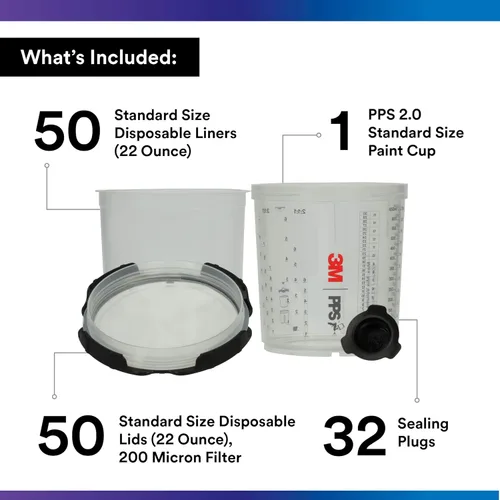 Miniatura 2 de 3M 26000 PPS 2.0 Kit de taza, tapas y forros para pistola pulverizadora, estándar, filtro de 200 micrones, 22 onzas, negro, plateado