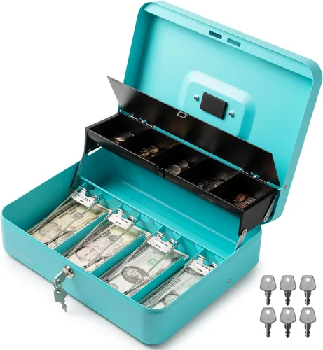 Miniatura 9 de Volcora Caja Grande de Dinero con Cerradura de Llave, Caja de Dinero de Metal para Efectivo, Caja de Seguridad con Cerradura Portátil y Bandeja