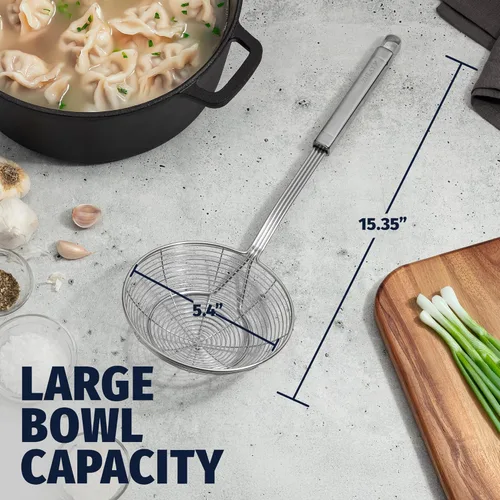 Miniatura 4 de Zulay Kitchen Colador de acero inoxidable de 15.4 pulgadas – Cuchara de malla de alambre en espiral con mango largo – Cucharas ranuradas reforzadas