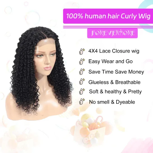 Miniatura 3 de Pelucas de cabello humano rizado estilo Bob de Forevermore, cierre 4x4 para mujeres, sin pegamento, 18 pulgadas, onda de agua, encaje frontal húmedo