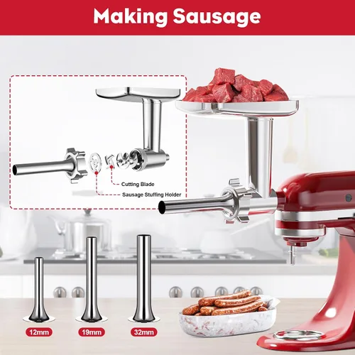Miniatura 3 de Accesorio para picadora de carne para batidora de pie KitchenAid, picadora de carne para KitchenAid, incluye 3 accesorios para embutir salchichas