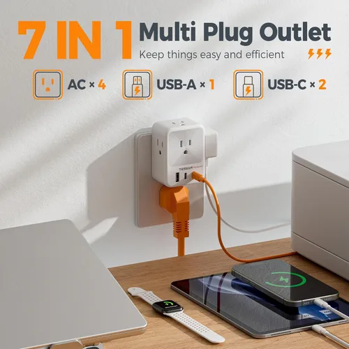 Miniatura 3 de Divisor de enchufe de pared múltiple, extensor de protector de sobretensión TESSAN de 4 salidas con 3 bloques de carga USB (2 USB C), expansor