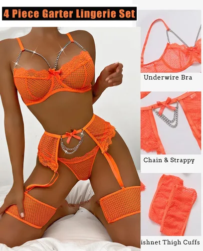 Miniatura 2 de Avidlove Conjunto de liguero para mujer, lencería sexy de malla con aros, 4 piezas, brasier de cadena S-XXL