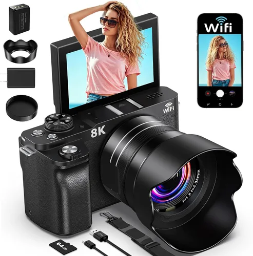 Cámara digital 8K, cámaras de 88 MP para fotografía, cámara de vlogging para YouTube con pantalla abatible de 180° de 3 pulgadas, cámara de video de