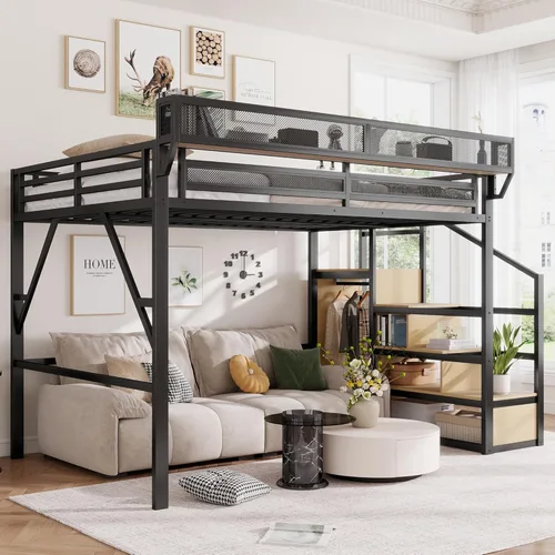 Miniatura 11 de Mirightone - Cama alta tamaño individual con escaleras y almacenamiento, base de cama de metal, estante de noche y gran espacio debajo, resistentes
