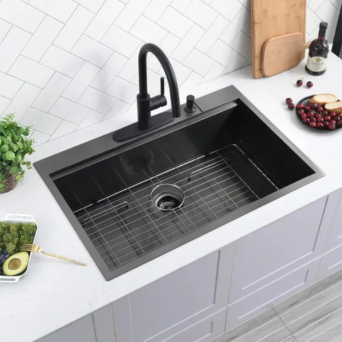 Miniatura 5 de Scamall - Fregadero de cocina con estación de trabajo, 33 x 22 x 10 pulgadas, fregadero de cocina negro 304 de acero inoxidable 304 con montaje