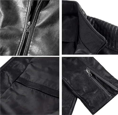 Miniatura 7 de VICALLED Chaqueta de cuero para hombre, ajuste delgado, cuello alto, chaqueta de motocicleta de poliuretano, ligera