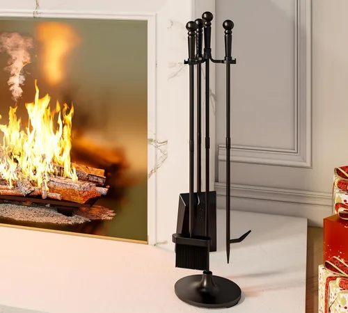 Miniatura 7 de Juego de herramientas para chimenea Fire Beauty de 4 piezas en hierro forjado negro para interiores/exteriores incluye atizador, pala, cepillo
