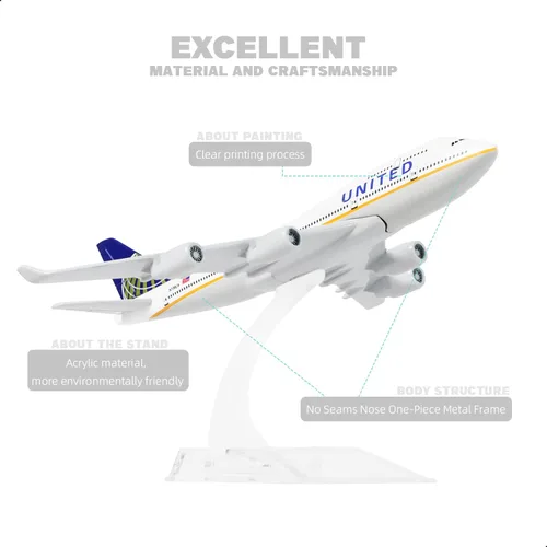 Miniatura 3 de 1/400 Modelo de Avión United 747 para Boeing 747 Airlines Modelo de Avión de Metal Fundido a Presión con Soporte (6 pulgadas L) para Regalo