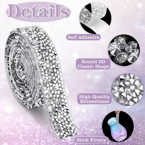 Miniatura 3 de 6 rollos de cintas de diamantes de imitación autoadhesivas, tiras de diamantes de imitación de resina plateada, calcomanías de diamantes