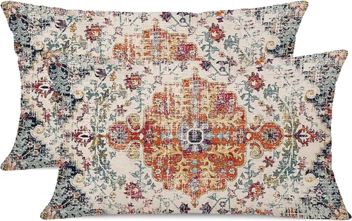 Miniatura 16 de Juego de 2 fundas de almohada impermeables para exteriores de 16 x 16 pulgadas, patrón de alfombra bohemio vintage, diseño étnico negro y gris