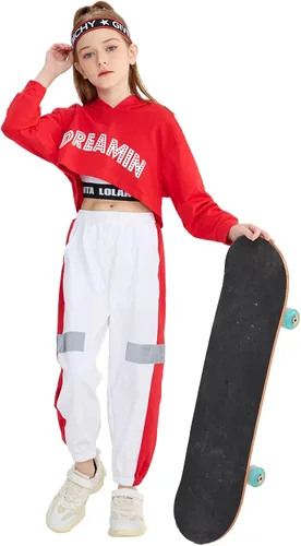 LOLANTA Conjunto de 3 piezas para niñas, sudadera corta con capucha y pantalones deportivos, hip hop, jazz, danza callejera, monopatín