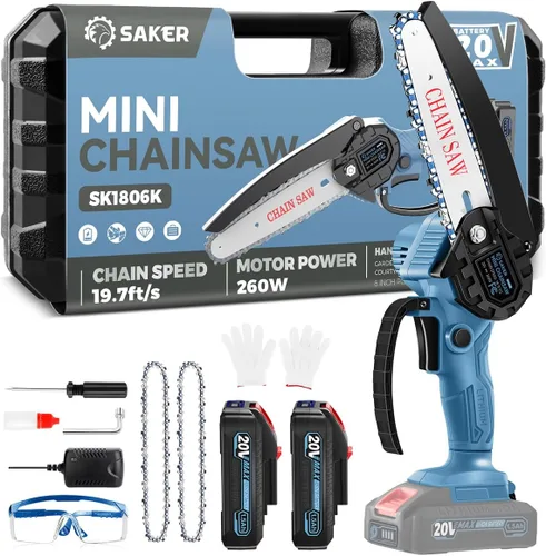 Miniatura 8 de Saker Mini motosierra inalámbrica de 6 pulgadas con interruptor de bloqueo de seguridad, motosierra eléctrica inalámbrica, motosierra pequeña