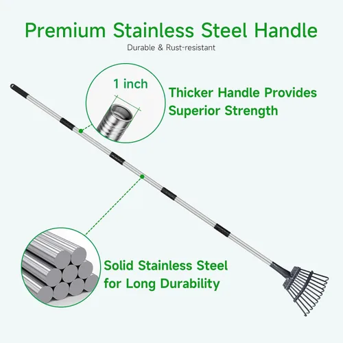 Miniatura 5 de GreatBuddy Rastrillo de hojas ajustable, rastrillo de metal de 8 pulgadas de ancho, perfecto para arbustos, macizos de flores y áreas pequeñas