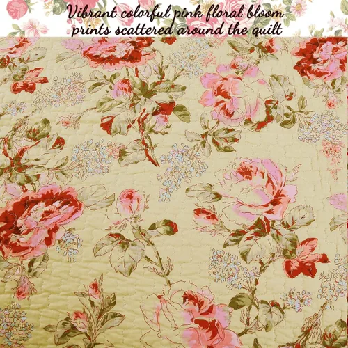Miniatura 5 de Cozy Line Home Fashions Lelia Rosa Pink Floración Floral Vintage Amarillo Juego de Ropa de Cama Edredón Reversible 100% Algodón, Colcha Cubrecama