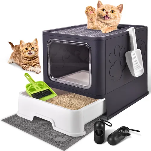 Miniatura 10 de Caja de arena cubierta para gatos con alfombrilla de arena, plegable, extra grande, puerta ajustable de doble entrada, diseño de cajón, caja de Azul