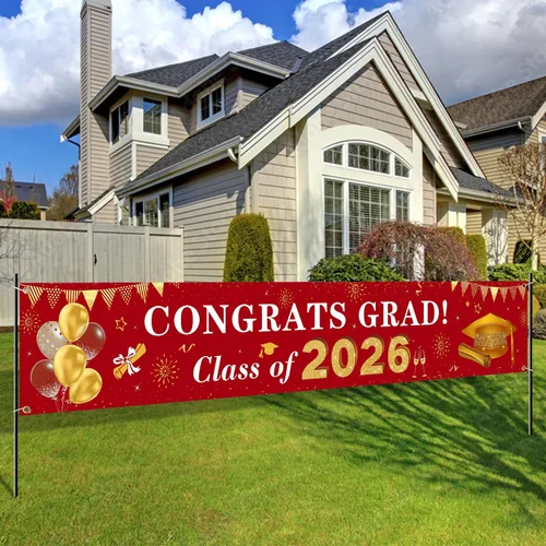 Miniatura 10 de Decoraciones de graduación 2026 Congrats Grad Class of 2026 - Cartel de graduación granate y dorado para patio, decoraciones colgantes
