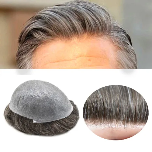 Miniatura 65 de Tupé para hombre, extensiones de cabello humano Remy para hombre, piel fina, 0.002 in, sistema de reemplazo de cabello con bucle en V para hombres