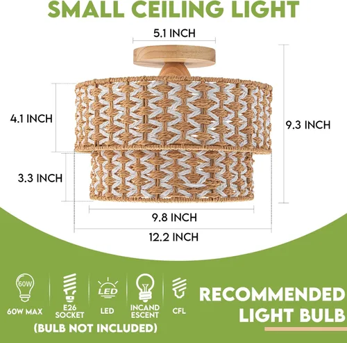 Miniatura 4 de Lámparas de Techo Bohemias de Ratán de 2 Niveles Pantalla de Lámpara de Tambor Tejida a Mano Lámpara de Techo Empotrada Dosel de Madera Candelabro