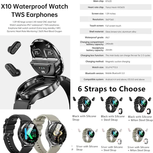 Miniatura 2 de Tuanzi X10 2 en 1 Smart Watch con auriculares 1.39 pulgadas Smartwatch TWS Bluetooth Auricular Monitor de salud Sport Watch Fitness Tracker