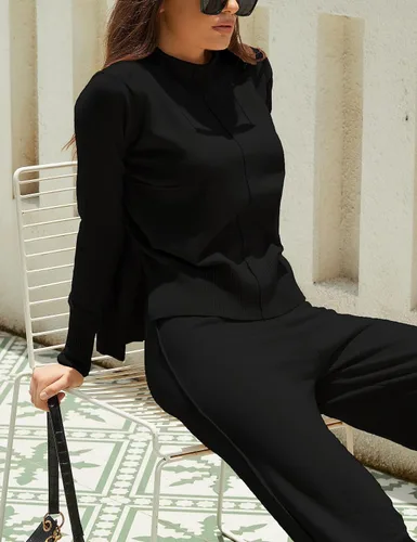 Miniatura 3 de Conjunto de 2 piezas para mujer, sudadera con cuello alto falso, pantalones de pierna ancha, conjuntos de ropa de descanso