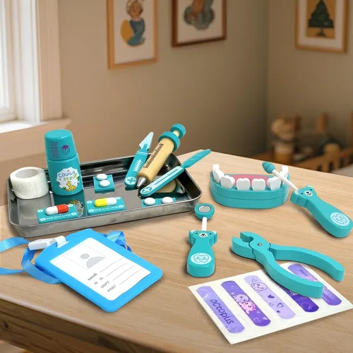 Miniatura 6 de Kit médico para niños pequeños de 3 a 5 años, juego de madera para dentistas, juego de doctor, juguetes de simulación para niños pequeños, kit