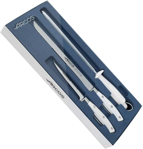 Miniatura 32 de Arcos Cuchillo forjado dentado de acero inoxidable de nitrum de 5 pulgadas y hoja de 5.118 in. Mango ergonómico POM de polioximetileno. Serie Blanco