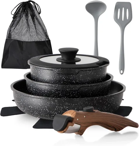 Juego de 10 piezas de ollas y sartenes antiadherentes, juego de utensilios de cocina con mango desmontable, juego de ollas y sartenes de inducción
