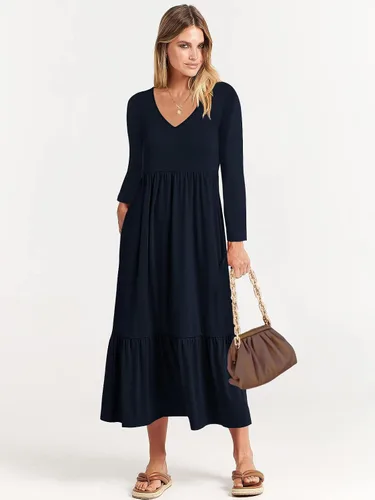 Miniatura 4 de Paintcolors Vestido largo casual de manga larga con cuello en V para mujer, vestido escalonado, color sólido, holgado, con vuelo, vestido midi