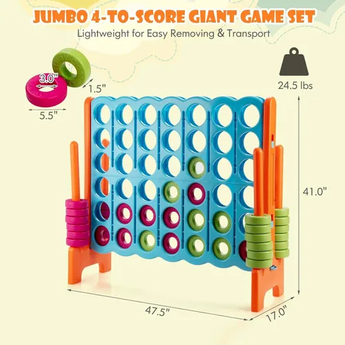 Miniatura 5 de KOTEK Juego gigante de 4 en una fila, 3.5 pies de alto jumbo de 4 en puntuación familiar con deslizadores de liberación rápida y 42 anillos grandes