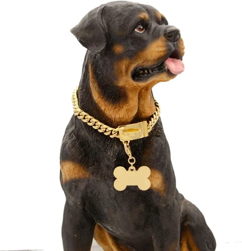 Miniatura 6 de Collar de cadena de acero inoxidable fuerte para perro con hebilla de fácil bloqueo y liberación, chapado en oro de 18 quilates, cadena de eslabones