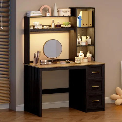 Miniatura 8 de LVSOMT Escritorio de Oficina en Casa de 40" con Estante Superior y Cajones, Escritorio para Computadora con Tomas de Corriente y Luz LED, Mesa