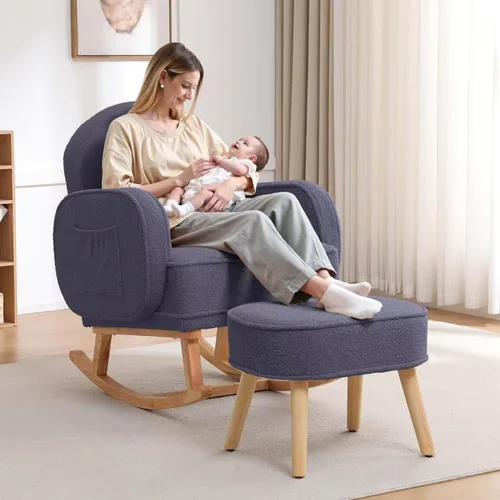 Miniatura 11 de HCHAIRH Mecedora para guardería con otomana, mecedora tapizada con respaldo alto y bolsillo lateral, sillón con patas de madera maciza para Gris