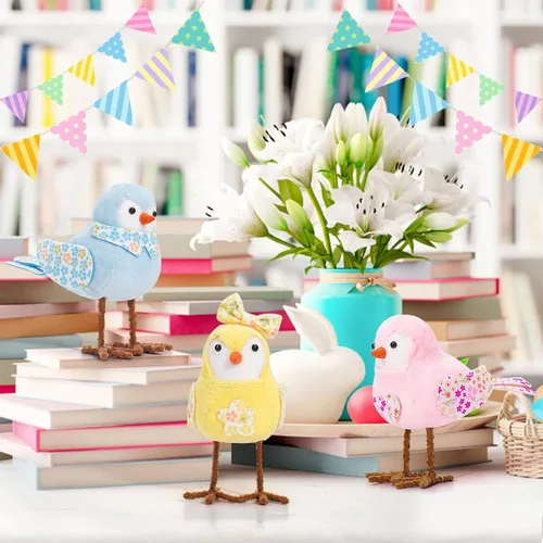 Miniatura 5 de Muñecos de pájaros de felpa de primavera de 6.3 pulgadas, adornos de figura de pájaros de pie con pierna larga, bufanda impresa y lazo, perfecto