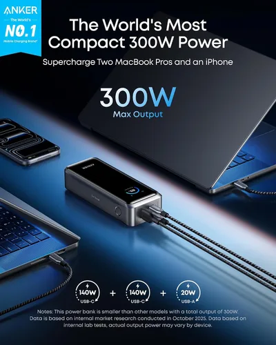 Miniatura 2 de Anker Prime Power Bank, banco de energía portátil de 3 puertos de 26,250 mAh con salida máxima de 300 W, carga bidireccional, aprobado por la TSA