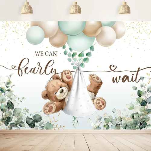 Miniatura 15 de Telón de fondo de oso para baby shower, de 5 pulgadas de ancho x 3 de alto, con texto en inglés «We Can Bearly Wait Brown Blue Balloons» de dibujos