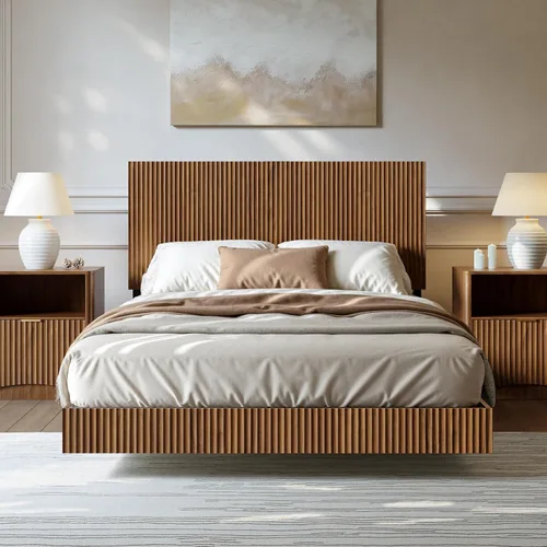 Miniatura 9 de Evermagin Base de cama flotante de tamaño matrimonial con cabecero, cama de plataforma acanalada bohemia con luces LED, marco de cama flotante