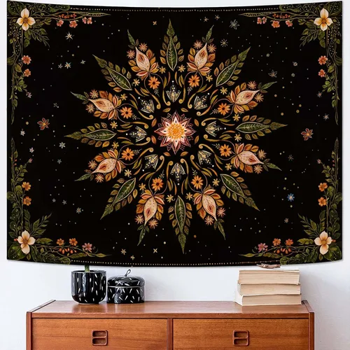 Miniatura 45 de Fowocu Tapiz bohemio con mandala floral para colgar en la pared, medallón de flores bohemias, tapiz estético, beige, naranja, hippie, indio, pequeño
