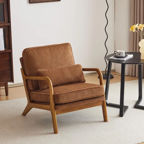 Miniatura 8 de Karl home Silla de acento moderna de mediados de siglo con cojín, tapizada en tela de lino, silla de salón con brazo, estructura sólida de madera