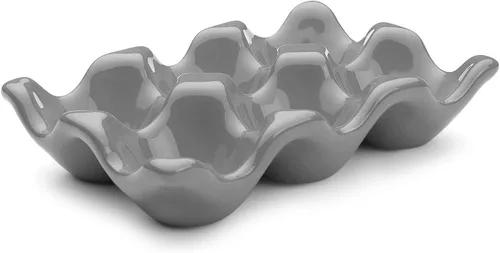 Flexzion Organizador de huevos cerámico para nevera - Bandeja de huevos de 6 tazas, contenedor de porcelana para media docena, organizador de Gris