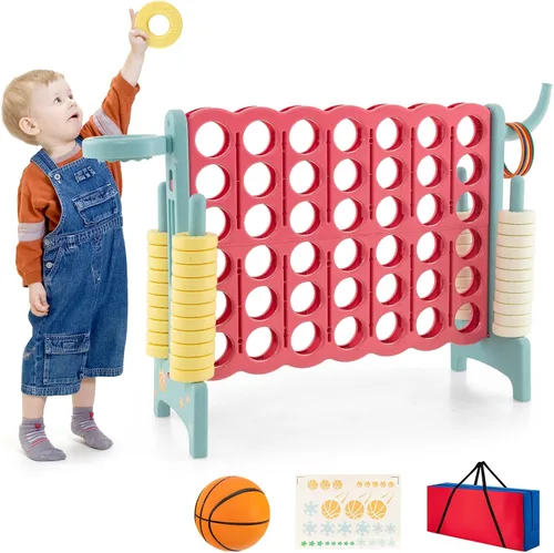 Miniatura 14 de HONEY JOY Juego gigante gigante de 4 a puntuación, 3 en 1 para interiores y exteriores, juego de patio familiar con aro de baloncesto y lanzamiento