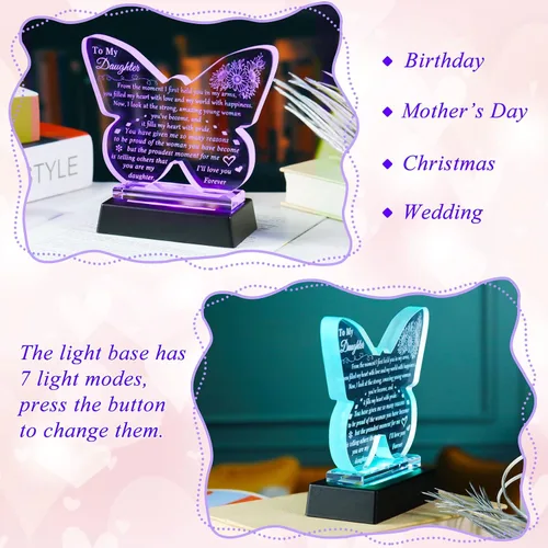Miniatura 3 de YWHL Regalo para mi Hija de Papá Mamá, Mejores Regalos de Cumpleaños para Hija Adulta, Recuerdo de Vidrio en Forma de Mariposa con Base de Luz