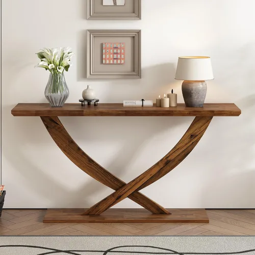 Miniatura 3 de Mesa consola de 57 pulgadas para entrada, moderna mesa de sofá, mesa de sofá rústica con diseño de patas cruzadas, mesa de chapa de acacia