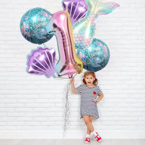 Miniatura 4 de Kit de decoración de cumpleaños de sirena sdquskin: 6 globos verdes de sirena (número 1) para niñas