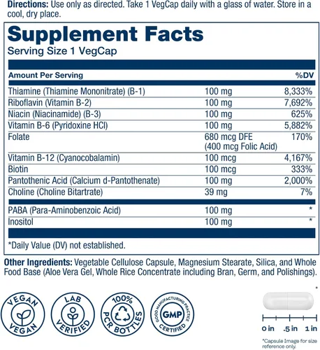 Miniatura 2 de SOLARAY Complejo de vitamina B de 100 mg – Energía celular, nervios y apoyo a la salud cardíaca – Suministra las 8 vitaminas del complejo B